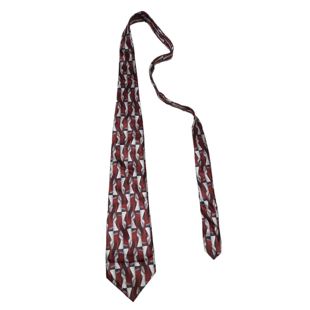 Pierre Cardin Necktie Mens OS Burgundy Grey Geometric Abstract Silk Vintage - Picture 2 of 13